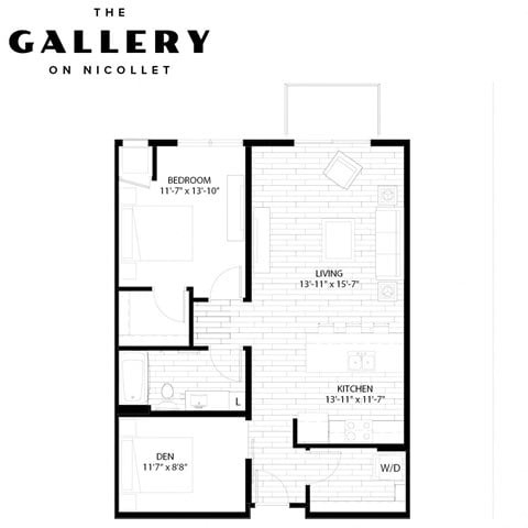 Floor plan for 1 bed, 1 bath, 935 sqft